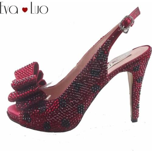 CHS910 Custom Handmade Winered Crystal Slingbacks bow Women Bridal Wedding Shoes Dress Pumps Women High Heels Shoes Party Shoes