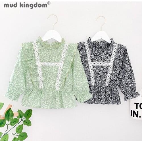 Mudkingdom Girls Floral Shirts Fashion Puff Sleeve Button Turtleneck Chiffon Tops for Kids Spring Autumn Children Clothing
