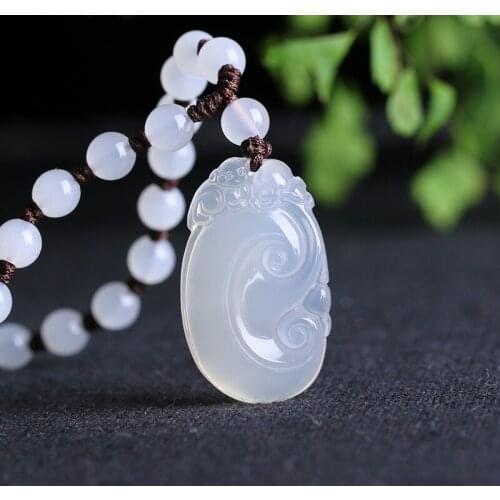 Design Natural Ice Kinds of white Chalcedony Ruyi Pendant Necklace Lucky Sweater Chain Women Fashion Jades Jewelry