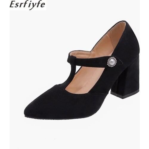 ESRFIYFE 2020 New Flock Women Pumps T-strap Buckle Female Single Shoes Thick Heels Pointed Toe Women Shoes Russian Large Size 46