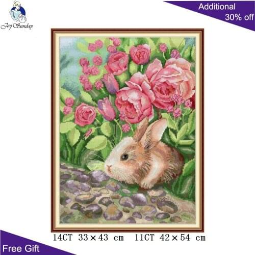 Joy Sunday The Rabbit Is Smelling DA480 14CT 11CT Counted and Stamped Flowers Bunny Home Decor Embroidery DCross Stitch kits