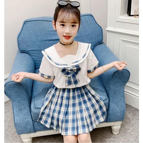 2021 Summer Girls Jk Uniform Pleated Skirts Children School Student Plaid Skirts Teen Girls Sweat Dance Shirt and Skirt Sets
