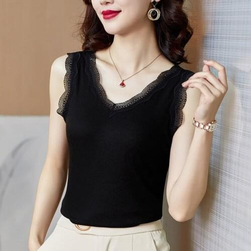 Korean version of elastic modal stitching lace shirt V-neck vest sleeveless summer womens T-shirt