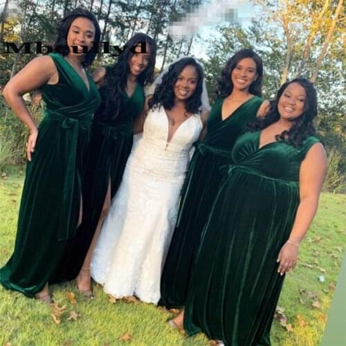 Mbcullyd Dark Green African Bridesmaid Dresses Long 2020 Luxury Velvet Dress for Wedding Party High Split Kenya Vestido madrinha