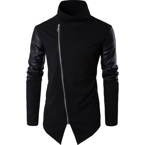 Fashion Black Leather Patchwork Turtleneck Jackets Overcoat Men Spring Autumn Punk Motor Coat Men Slim Plus EUR Size