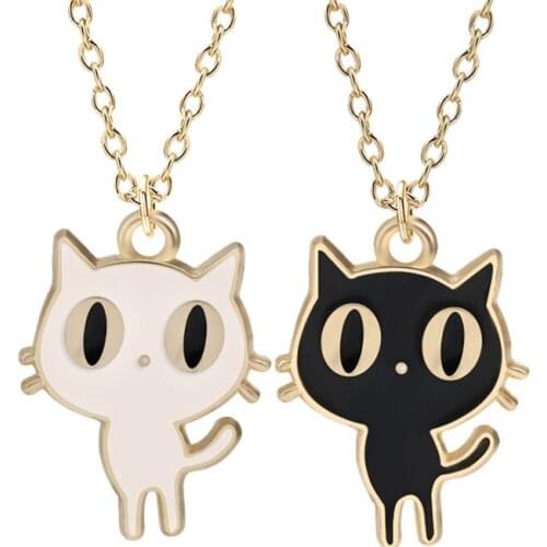 Fashion Cute Cat Cartoon Necklace For Girls Kids Pet Animal Pendants Black White Alloy Enamel Female Choker Jewelry 2021 Gift
