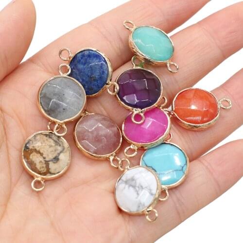Natural Stone Round Pendant Charm Gold plated Amethysts Crystal Connector for Jewelry Making DIY Necklace Bracelet Exquisit Gift