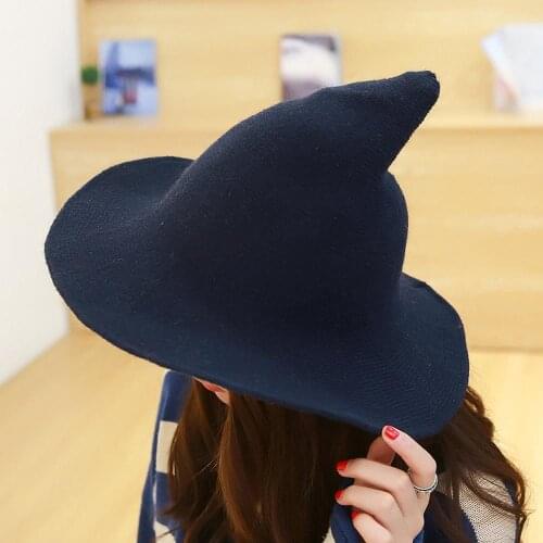 New Knitted Wool Fisherman Hat Autumn Winter Lady Women Witch Style Pointy Hats Girls Christmas Halloween Cap Gifts