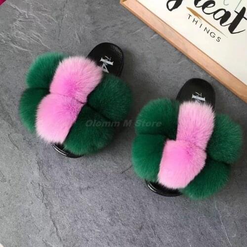 New Women Fur Slippers Fur Pom Pon Furry Slides Ladies Cute Fur Ball Flip Flops Plush Raccoon Sandals Fluffy Rainbow House Shoes