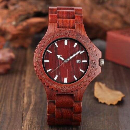 Luxury Men Red Sandalwood Calendar Wristwatch Luminous Pointer Clock Quartz Analog Movement Timepiece Full Wooden Band Reloj