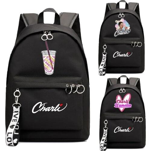 Black Color Charli DAmelio Backpack Boys Girls School Bag Printed Charli D'Amelio Rucksack Kpop Key Chain Accessories Book Bags