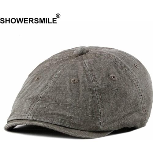 SHOWERSMILE Cotton Newsboy Cap British Vintage Flat Cap Men Beret Hat Spring Summer Brown Male High Quality Octogonal Cap