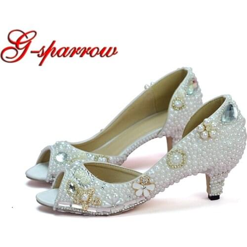 Fairy Tale Evening Dress Heels White Pearl Peep Toe Hollow Middle Heel Weddding Bridal Shoes 2 Inches Heel Summer Bride Pumps