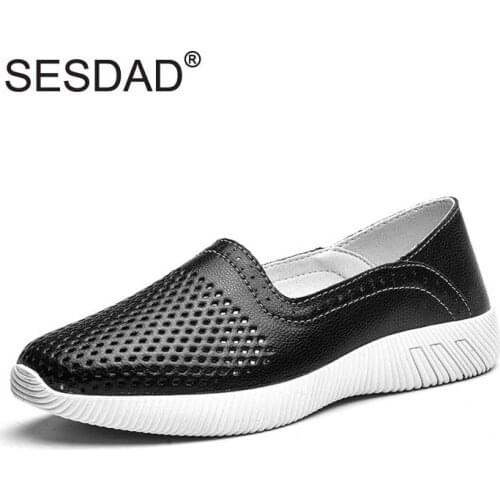 Ladies Casual Slip-on Genuine Leather Loafers New Fashion Round Toe Cut-outs Breathable Leather Flats Size 35-40
