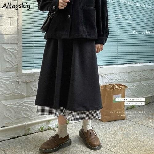 Spliced Plaid Skirts Women Black High Waist Midi A-line Mid-calf All-match Spring Autumn College Ulzzang Female Bottom Casual