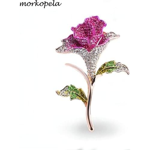 Morkopela Rose Flower Rhinetone Brooches For Women Fashion Luxury Brooch Pin Jewelry Clothes Scarf Pins Accessories