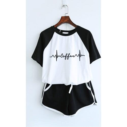 Women Cute Pajamas 2021 Pyjamas Women Short Sleeve Sleepwear Cartoon Electrocardiogram Print Pijamas Summer Home Sports Set