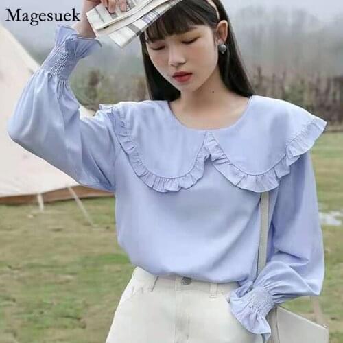 Sweet Peter Pan Collar Chiffon Blouses Women Autumn New Long Sleeve White Womens Shirt Elegant Korean Ruffles Loose Tops 15872
