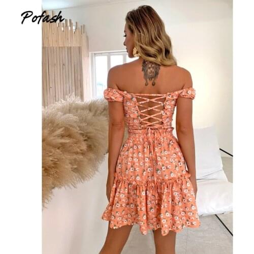 Pofash Backless Lace Up 2 Pieces Set Women Floral Print Ruffle Puff Sleeves Skirts Set Off Shoulder Sexy Summer 2 Piece Outfits