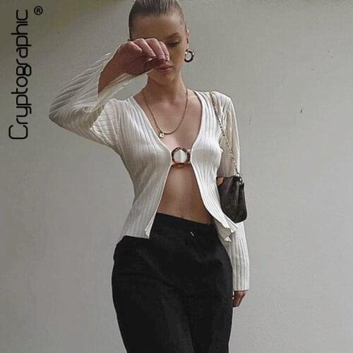 Cryptographic Chic Fashion Plunge Sexy Top and Blouse Women Flare Sleeve Ribbed Knitted White Tops Blouses Elegant Solid Clothes
