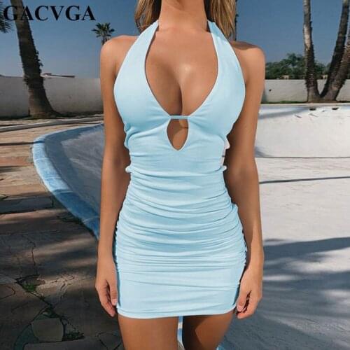 GACVGA Hollow Out Backless Sexy Summer Dress 2019 Halter Lace Up Bandage Women Dress White Casual Slim Beach Party Dress Short