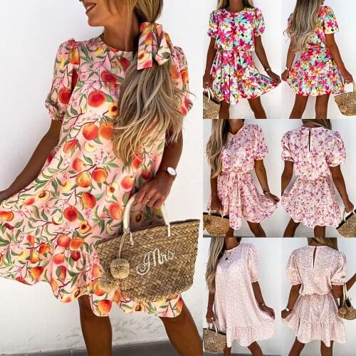 Y2K Women Short Sleeve Dress Floral Flower Printed A-Line Summer Round Neck Ladies Ruffle Mini Cute Party Club Dress D30