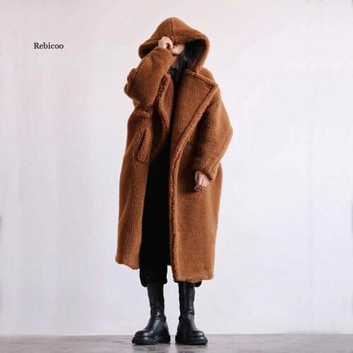 High Quality Faux Fur Sheepskin New women faux fur coat long oversized jacket faux fur hat collar thick warm fashion teddy coat