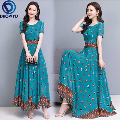2021 Summer Boho Beach Maxi Dress for Women Fashion O-neck Floral Printed Short Sleeve Chiffon Long Dress Elegant Party Vestidos
