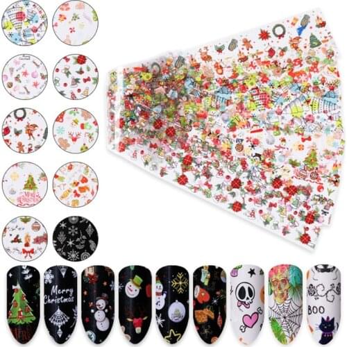 10pcs Christmas Nail Foil Decorations Nails Mix Colorful Transfer Foil Sticker Snow Flower Elk Gift Santa Adhesive Paper Decals