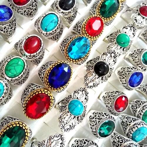 15pcs Unisex Top Mix Stone Rings Mens Womens Colorful Natural Stone Crystal Stone Silver Rings Vintage Retro Alloy Jewelry lot