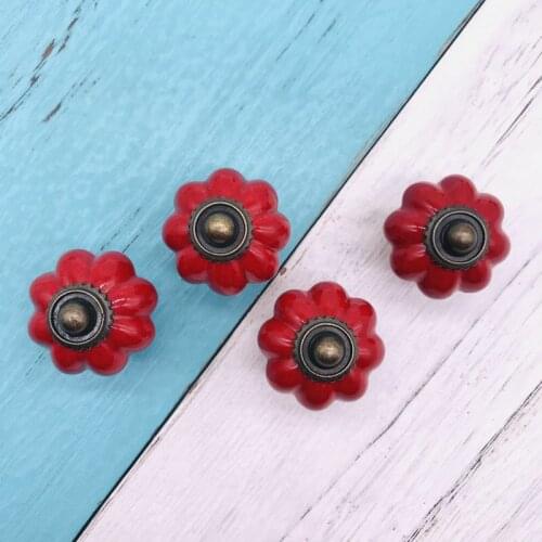 8pcs Hanmade Pumpkin Ceramic Red Color Handle Cabinet Drawer Pull Knob Door Pull Artistical Chinese Style Furniture Hardware