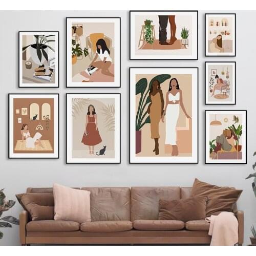 Abstract Fashion Home Girl Green Leaf Cat Wall Art Canvas Painting Nordic Posters And Prints Wall Pictures For Living Room Decor