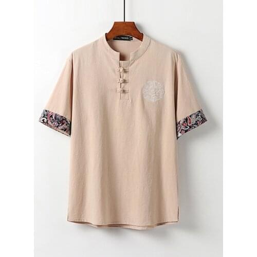 Large Size M-9xl Linen Short Sleeve V Neck T Shirt Summer Mens Chinese Style Embroidery Solid Color Thin Cotton Loose Casual
