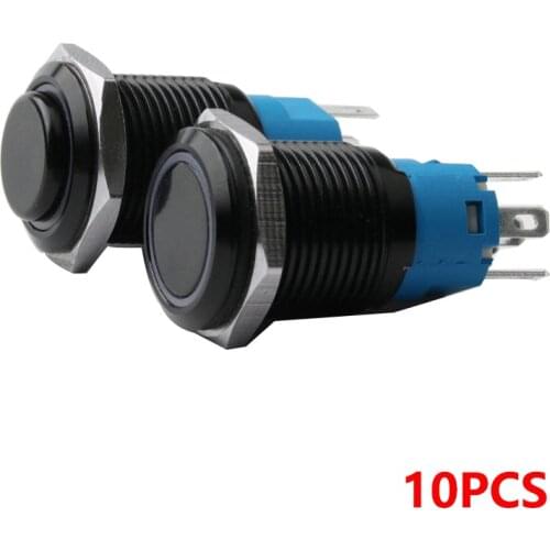 Black high head push button switch 12/16/19/22mm waterproof luminous LED light metal plane ring momentary switch 5V 12V 24V