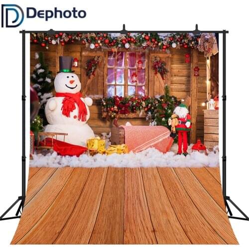 Dephoto Winter Christmas Snowman Photography Backdrop Wood Cabin Cottage Decorations Background Photobooth Banner Photo Studio