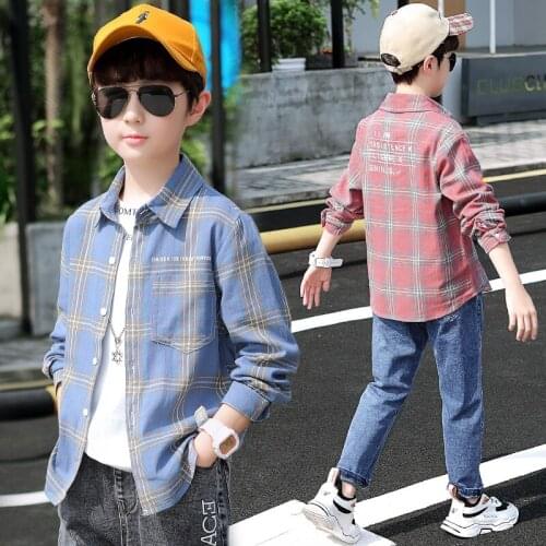 Kids Clothes 5-14Y Boy Casual Plaid Shirt Spring Autumn Long Sleeve Cotton Shirts Teenager Tops Turn Down Collar School Shirts