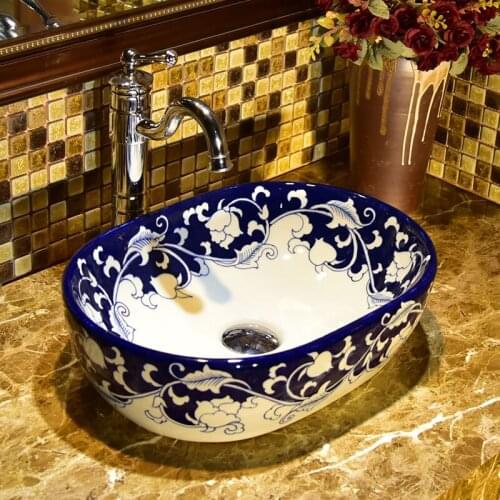 Home & Hotel Decor Artistic porcelain Ceramic Art Bathroom Vessel Sinks washbasin blue and white oval