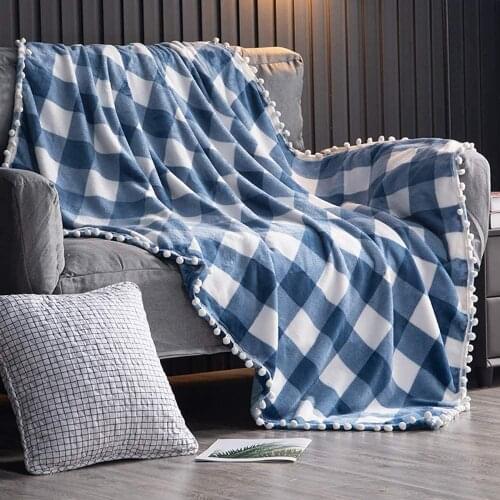 Black Plaid Print Flannel Blanket With Tassel Decorative Ball Children Adult Sofa Throw Blanket For Living Room Bedroom