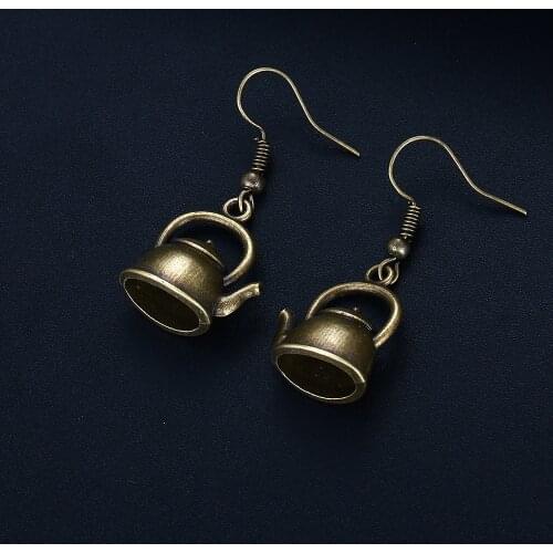 Trendy Vintage Bronze Kettle Shape Dangle Earrings for Women Girl Retro Drop Earrings Cute Small Object Earring Jewelry Bijoux