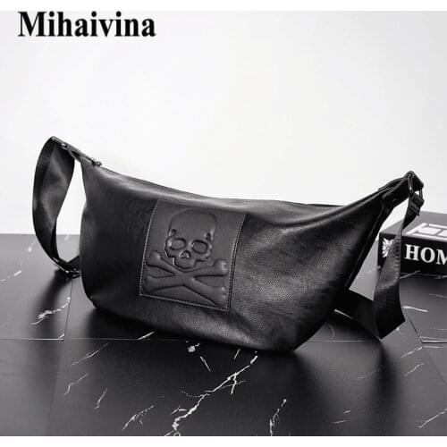Mihaivina Chest Bag For Men Skull Black Leather Belt Bag Unisex Shoulder Messenger Bags Trendy Women Travel Phone Crossbody Bags