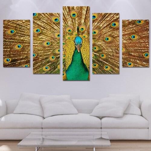 Framed Wall Art Modern Decor Frame Canvas Pictures Room Poster 5 Pieces Peacock Flaunting Its Tail Feathers Painting