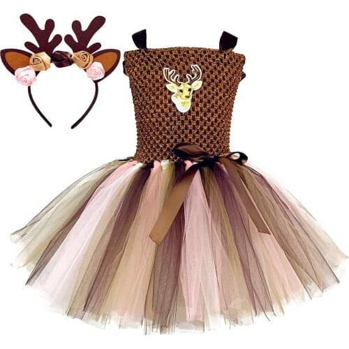 Deer Tutu Dress Girl Christmas Dresses with Headband Kids Halloween Costume Baby Girl Princess Elk Reindeer Outfit for New Year