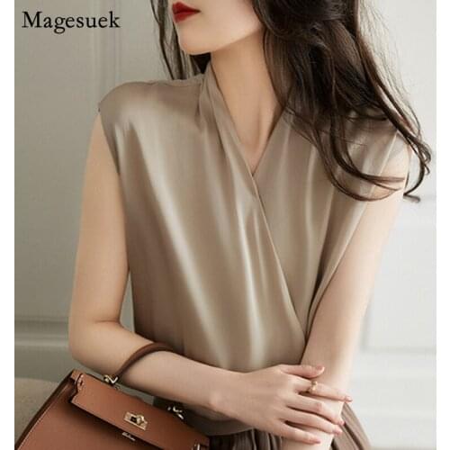 Plus Size Satin Silk Woman Shirt Summer 2021 Sleeveless Solid V-Neck Casual Blouse Women Office Loose Tops Shirts Blusas 15399