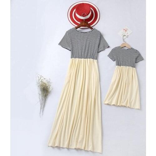 Family Matching Outfits Summer Mommy DaughterDress Mom Child Short Sleeve Stripes Dress Mother Kids Clothes