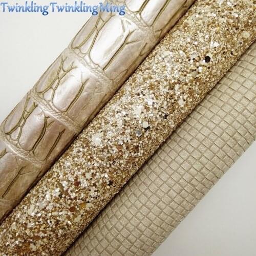 GOLD Glitter Fabric, Metallic Crocodile Faux Fabric, Weaving Synthetic Leather Sheets For Bow A4 21x29CM Twinkling Ming XM834
