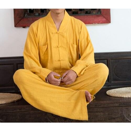 Unisex top quality Summer Cotton&linen martial arts clothing sets buddhism zen monk suits lay meditation uniforms yellow