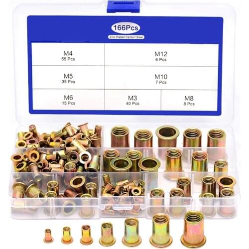 166Pcs/Set Mixed Carbon Steel Rivet Nut M3 M4 M5 M6 M8 M10 M12 Nut Flat Head Threaded Insert Nut Kit
