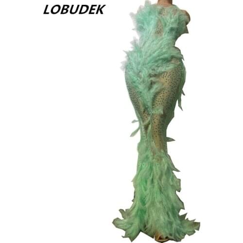 Green Rhinestones Feather Transparent Mesh Halter Tailing Dress Women Evening Party Performance Stage Long Dress Singer Costume