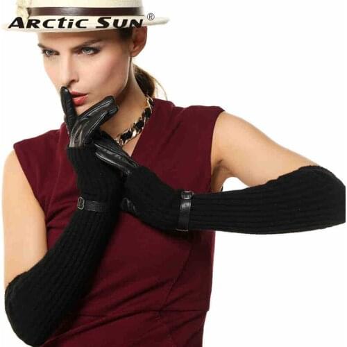 Women Gloves New 2020 Top Fashion Two Pieces Wrist Genuine Leather Glove + Knitted Arm Sleeve Thermal Winter Driving L137NN