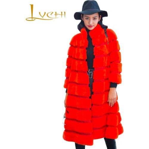 LVCHI Winter 2019 Real Mink Fur Coats Womens Mandarin Collar Three Quarter Coat Long Full Pelt Causal Fashion Red Mink Coats